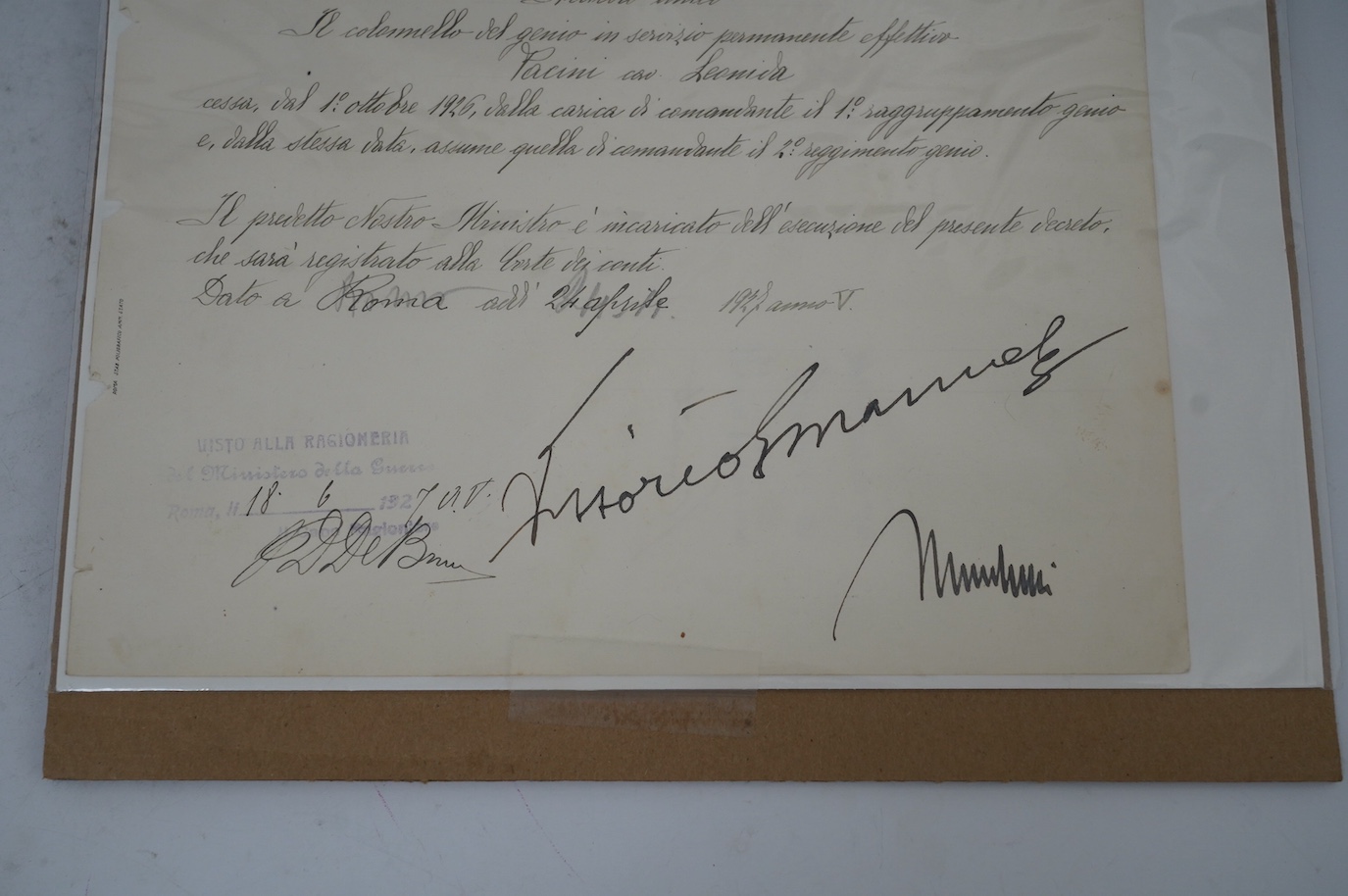 An Italian document Benito Mussolini and Vittorio Emanuele III signed document, signed in black ink at the bottom ‘Vittorio Emanuele’ and ‘Mussolini’, and dated 18.6.1927, 37 x 24.5cm. Condition - good